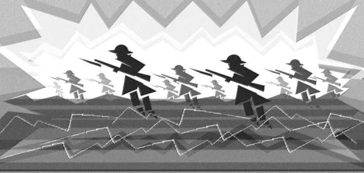 Soldados de la Primera Guerra Mundial con bayonetas - emergiendo de las trincheras